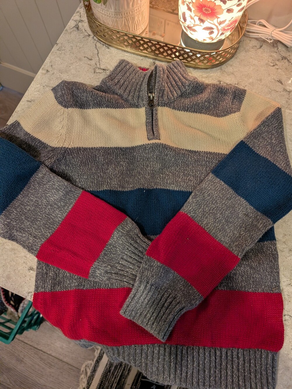 Lands' End Boys' Striped Half-Zip Sweater in Gray, Navy & Red